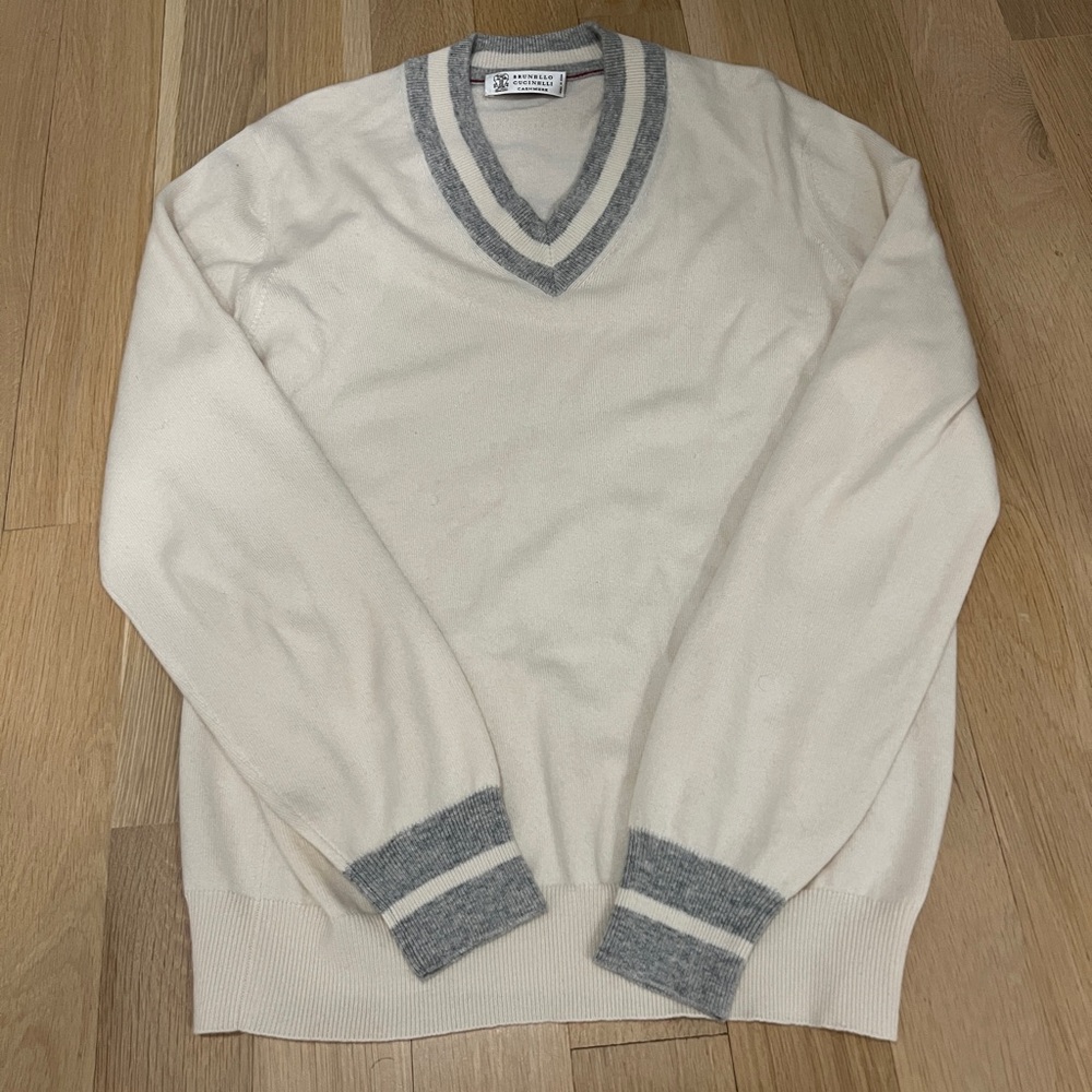 Brunello Cucinelli Cashmere Ivory V-Neck Sweater